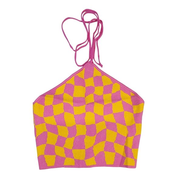 Double Zero Tops - Double Zero Halter Pink Orange Checkered Top  Womens Mystical Medium NWT